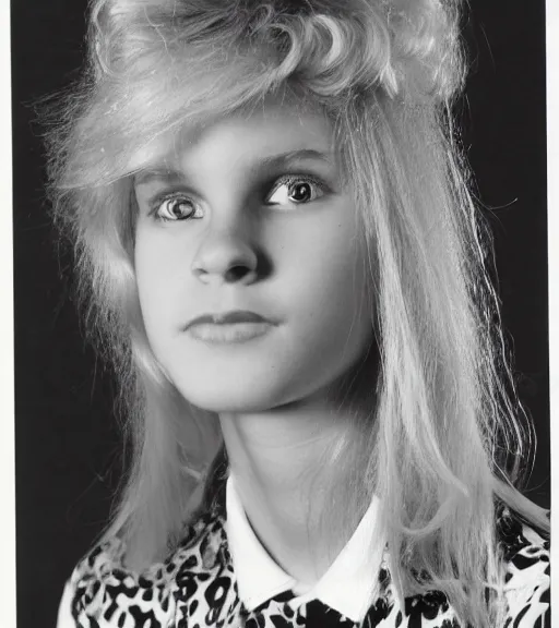 Prompt: 1 9 8 0 s highschool girl with big blonde hair, a black and white patterned shirt, magenta hair clip, yearbook photo