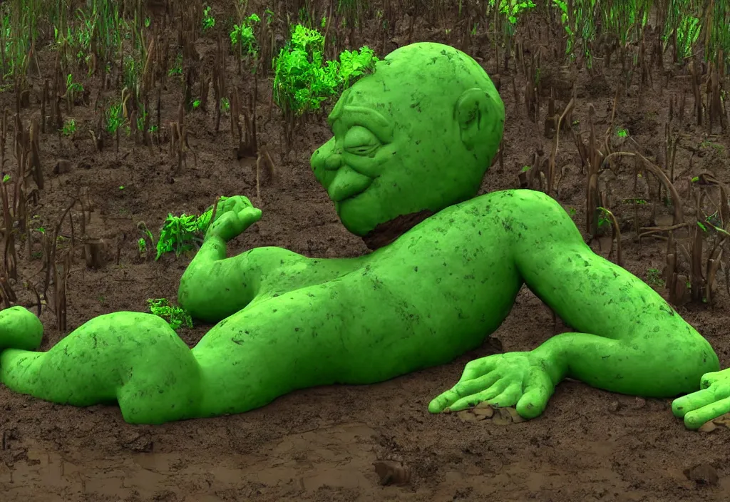 Image similar to big green man living in a swamp. his house is little and made of wood. he takes a bath in the mud. high quality 3 d render, dreamworks animated film style. 5 0 mm lens