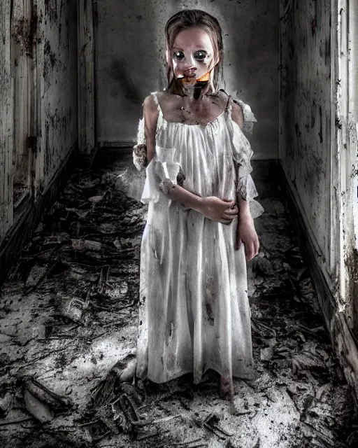 Image similar to an amazing award winning photo of a creepy little girl wearing a dirty white dress with long wet black hair covering her face standing in a filthy room in an abandoned old asylum, photo by mario testino, 8k octane render, cinematic, hyper detailed, micro details, insanely detailed, trending on artstation, concept art