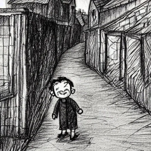 Prompt: humorous pencil drawing of little nicholas walking along a lonely village street, similar childrens book le petite nicolas, by jean - jacques sempe, by rene goscinny