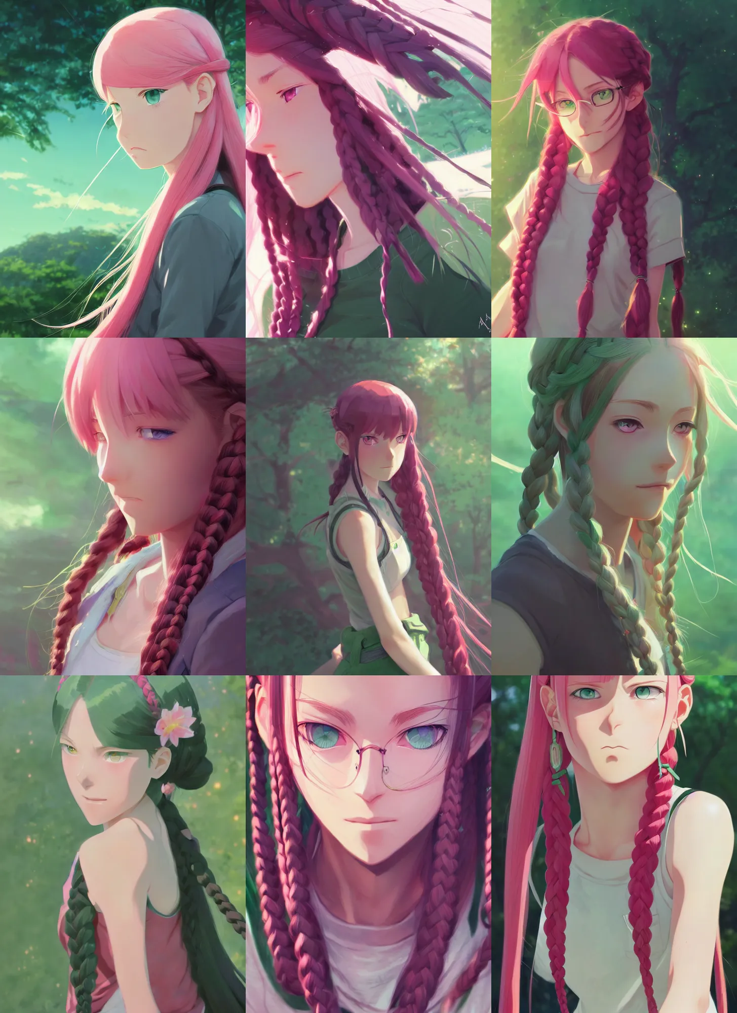 Prompt: young woman with green eyes and long pink hair in braids, tone mapped, highly detailed, digital painting, pixiv, concept art, smooth, sharp focus, illustration, by makoto shinkai and akihiko yoshida