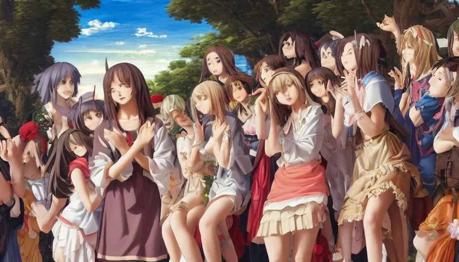 Image similar to jesus christ surrounded by cute anime girls, photorealistic, anime, mini skirt, neko, cat ears, renaissance painting, hyper real, detailed, wide angle shot, ultra detailed