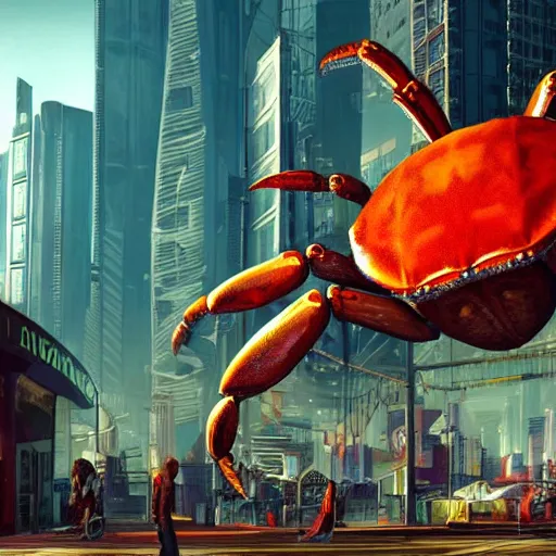 Prompt: a gigantic crab wears a crown roaming in a cyberpunk city, ultrarealistic