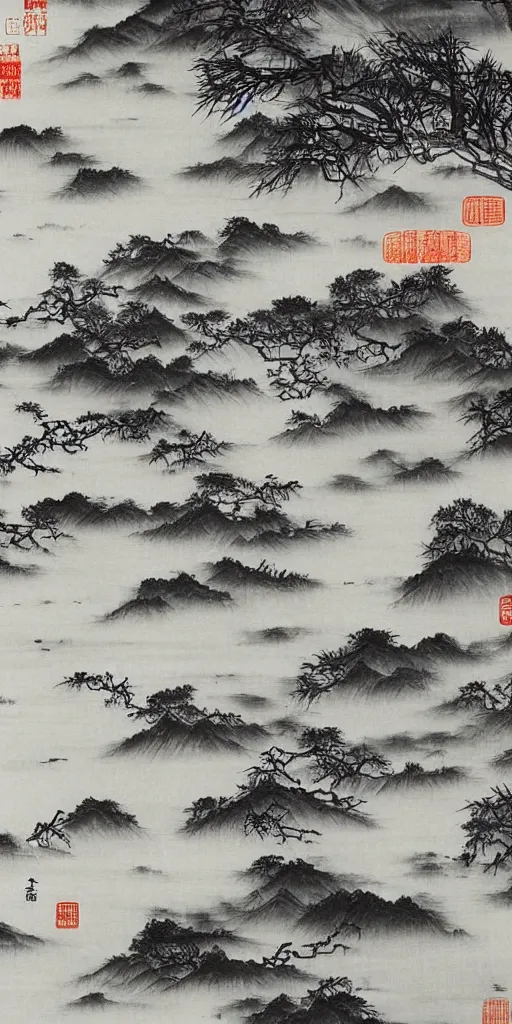 Image similar to Environmental shot, Beautiful!!!!! chinese ink-wash painting of a river!!!, beautiful brush strokes, red ink, birds flying , shui mo hua by Wang Mingming !!!, highly intricate