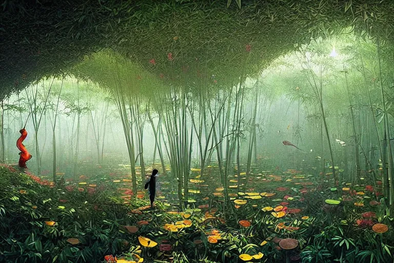 Prompt: surreal glimpse into other universe, a sun shines in bamboo cave, summer morning, very coherent and colorful high contrast, art by!!!! gediminas pranckevicius!!!!, geof darrow, dark shadows, hard lighting