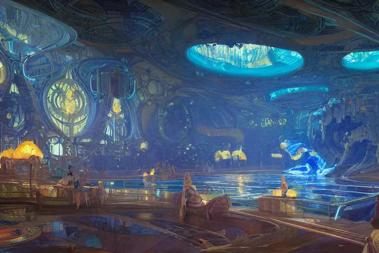 Image similar to Concept Digital Art Highly detailed Alien Art Deco Cybertron lazy river inside of the Palace of the Primes with glowing blue water at night by greg rutkowski, Ilya repin, alphonse mucha, and Edmund Blair Leighton. Very highly detailed 8K, octane, Digital painting, the golden ratio, rational painting