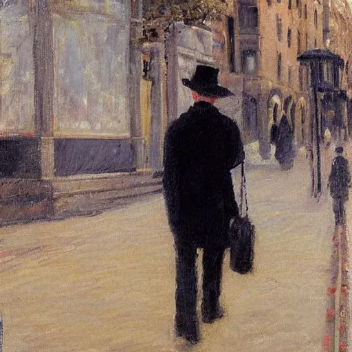 Image similar to the man in black and a revolver in hand walking around a city, impressionist painting