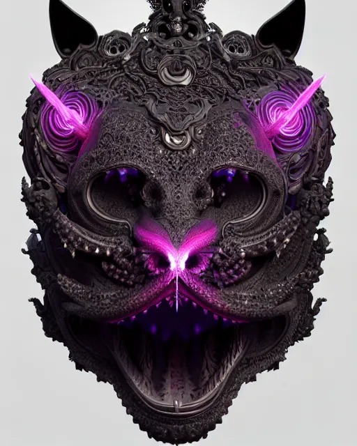 Image similar to 3 d ornate carved dark cosmic kitty with profile portrait, sigma 5 0 0 mm f / 5. beautiful intricate highly detailed quetzalcoatl skull. bioluminescent, plasma, lava, ice, water, wind, creature, thunderstorm! artwork by tooth wu and wlop and beeple and greg rutkowski, 8 k trending on artstation