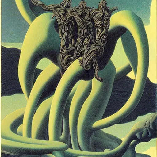 Prompt: hydra, highly detailed, artstation, in the style of moebius, art by rene magritte and jean delville