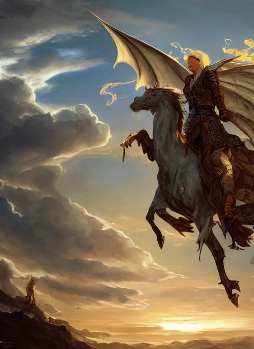 Prompt: pegasus. sunny sky. clouds. fantasy concept art. moody epic painting by james gurney, greg rutkowski, giger, maxim verehin and alphonso mucha. artstationhq. painting with vivid color. ( dragon age, witcher 3, lotr )