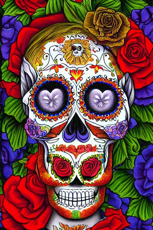 Prompt: illustration of a sugar skull day of the dead girl, art by todd schorr