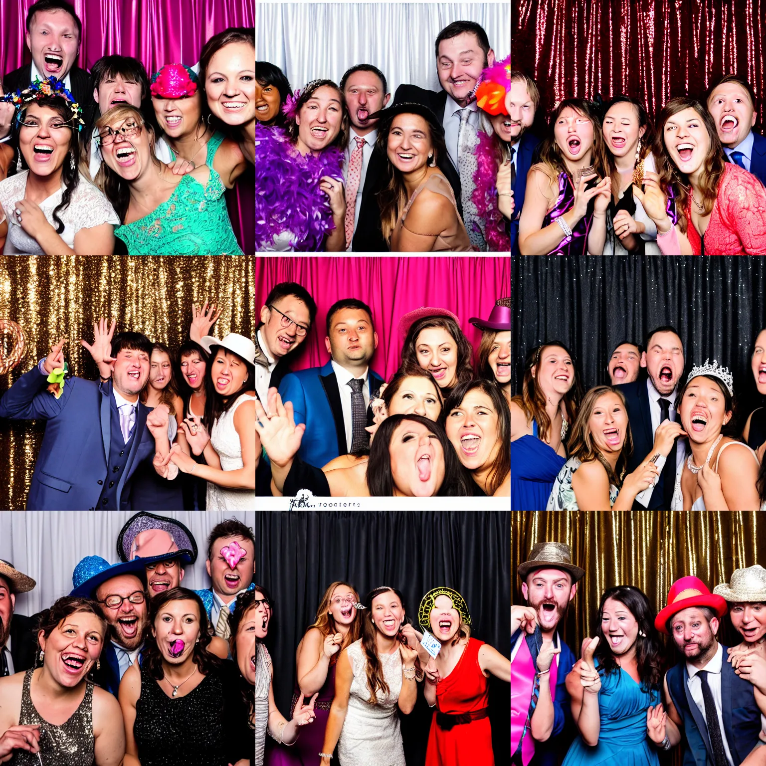 Prompt: a photograph of a group of people having fun in a photo booth at a wedding