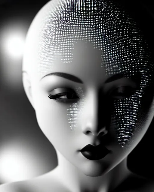 Image similar to black and white dreamy young beautiful female artificial intelligence, metropolis, cinematic, rim light, bokeh, photo - realistic, elegant, high detail, 8 k, masterpiece, photo taken in 1 9 3 0