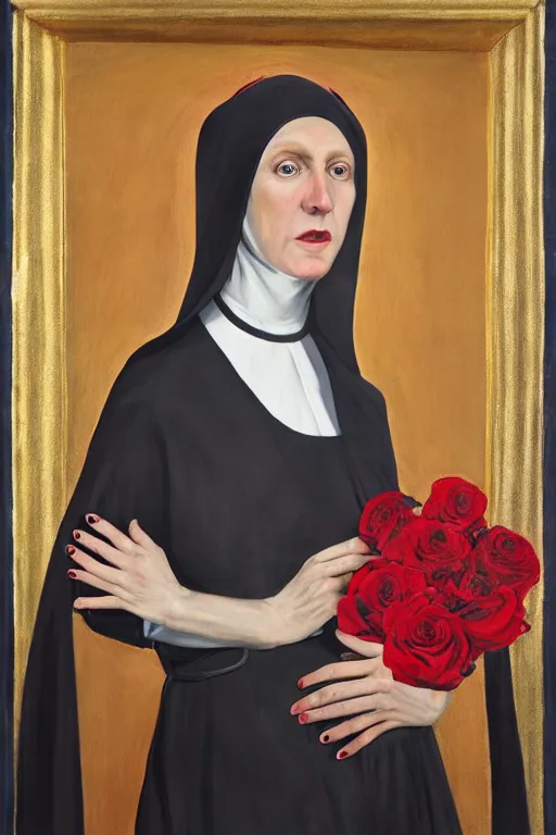 Prompt: portrait of nun in red blue paint, black roses in hair, in style of classicism and hyperrealism