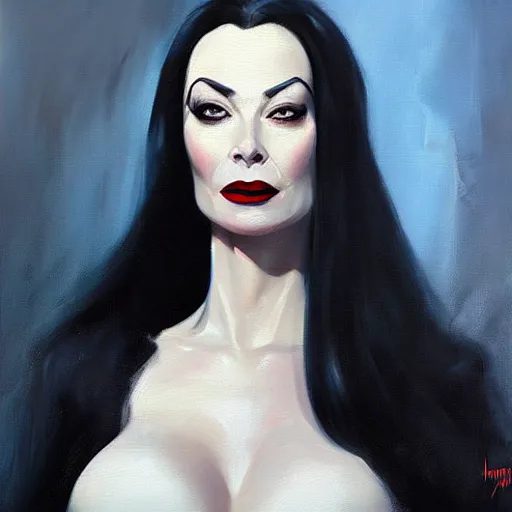 Image similar to greg manchess portrait painting of morticia from addams family as overwatch character, medium shot, asymmetrical, profile picture, organic painting, sunny day, matte painting, bold shapes, hard edges, street art, trending on artstation, by huang guangjian and gil elvgren and brom