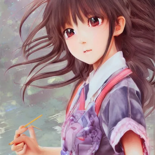 Image similar to dynamic composition, motion, ultra-detailed, incredibly detailed, a lot of details, amazing fine details and brush strokes, gentle palette, smooth, HD semirealistic anime CG concept art digital painting, watercolor oil painting of a young J-Pop idol schoolgirl, by a Japanese artist at ArtStation. Realistic artwork of a Japanese videogame, soft and harmonic colors.