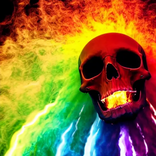 Prompt: large dark bloody skull blowing rainbow fire out mouth,