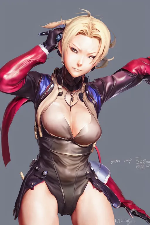 Image similar to Cammy from street fighting spinoff in blade and soul concept art on a render by the artist Hyung tae Kim , Shigenori Soejima, Jiyun Chae, Joe Madureira, trending on Artstation by Hyung tae Kim, artbook, Stanley Artgerm Lau, WLOP, Rossdraws , Shigenori Soejima