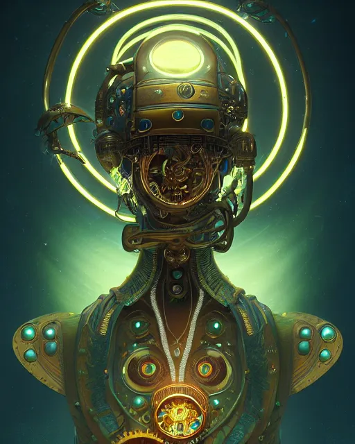 Image similar to steampunk alien, bioluminescent, highly detailed, digital painting, cinematic lighting, hyperrealism, dark retrowave, art by stanley lau and artgerm and magali villeneuve and alphonse mucha, artstation hd, octane render, cgsociety