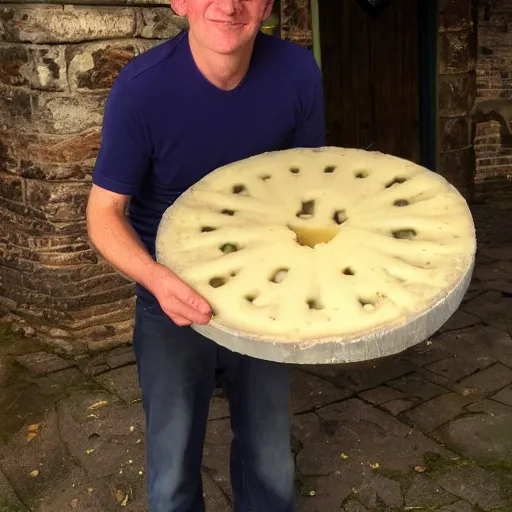 Image similar to richard mottern eating a large wheel of cheese,