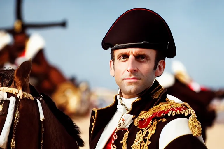 Image similar to closeup portrait of emmanuel macron dressed as napoleon firing cannons on the beach england, natural light, sharp, detailed face, magazine, press, photo, steve mccurry, david lazar, canon, nikon, focus