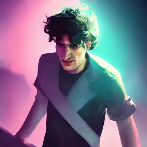 Image similar to louis garrel portrait, arcane netflix, arcane jayce, arcane vi, arcane jinx, concept portrait, riot, acrace catoon, detailed expression, high quality, cinematic lighting, fantasy, reflective, spotlight, digital artwork