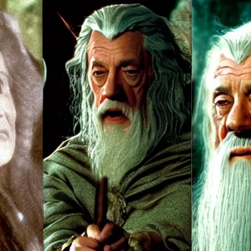 Image similar to a frame from the film the lord of the rings featuring nancy pelosi as gandalf, photorealistic faces, hd