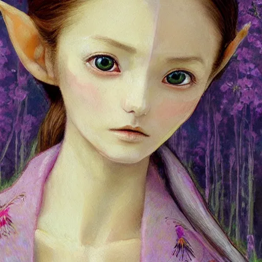 Image similar to little elf girl, tunic, soft hair. light color palate, purple, yellow and white. detailed soft painting, ayami kojima, made in abyss, anatomically correct, inspired in balthus, high detailed face anime, vogue magazine, realistic painting