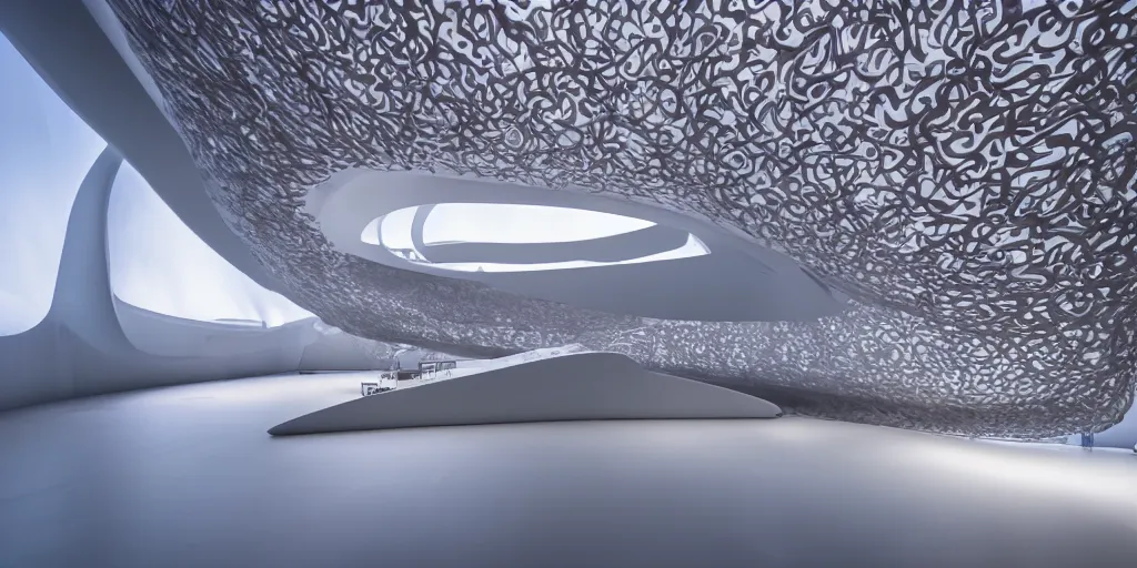 Image similar to extremely detailed awe ornate stunning beautiful futuristic smooth curvilinear elegant museum interior by zaha hadid, translucent gills, stunning volumetric light, stainless steel, concrete, translucent material, beautiful sunset, hyper real, 8k, colorful, 3D cinematic volumetric light, atmospheric light