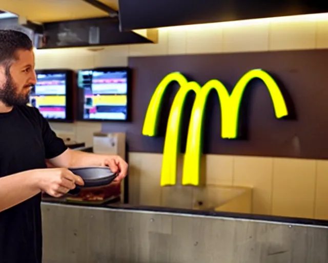 Image similar to photograph of a man with a flesh inhuman head working in mc donalds, zoomed in, 8k resolution, high detail, ULTRA REALISTIC VFX, reflections