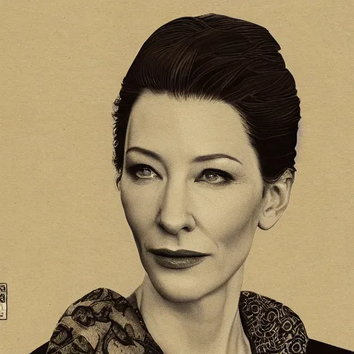 Prompt: portrait of cate blanchett ,japanese wood print