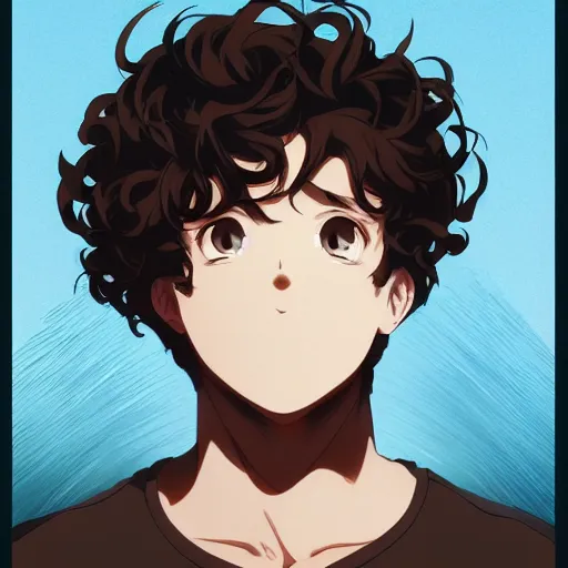 Prompt: An anime portrait of a mid-sized anime man with extremely short curly brown hair, chubby face, slight smirk, brown eyes, without glasses, wearing a t-shirt, his whole head fits in the frame, solid background, by Stanley Artgerm Lau, WLOP, Rossdraws, James Jean, Andrei Riabovitchev, Marc Simonetti, and Sakimi chan, trending on artstation