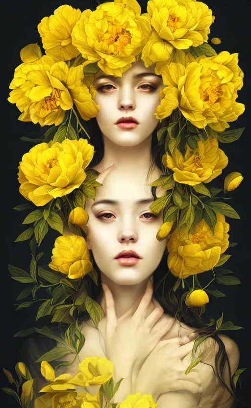 Prompt: beautiful yellow woman, symmetrical portrait, realistic, full body, black peonies, white snakes wrapped around the sky, rich details, by wlop