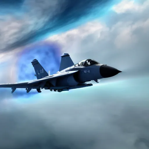 Prompt: two jets, flying towards each other, one is upside down, blue explosion in the background, realistic, 4 k, hdr, cinematic scene, clouds, topgun