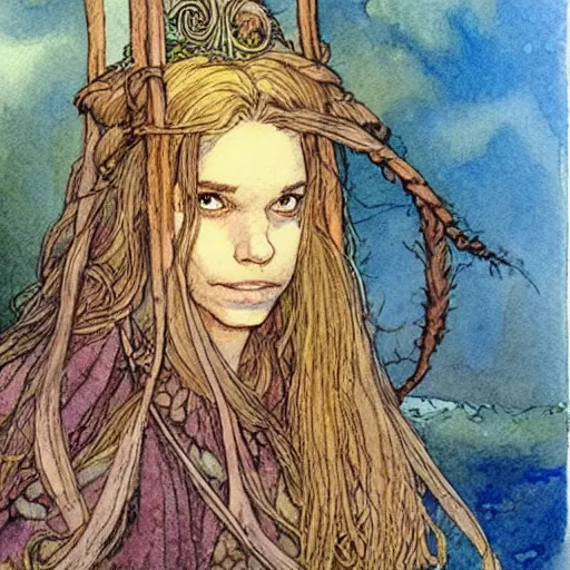 Image similar to a beautiful and very detailed character concept watercolour portrait of sanna!!!!! marin!!!!!, the young female prime minister of finland as a druidic wizard by alan lee, rebecca guay, michael kaluta, charles vess and jean moebius giraud