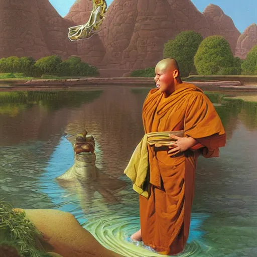Prompt: anthropomorphic hippopotamus monk humanoid monk by tim hildebrandt, water temple, winter, fantasy