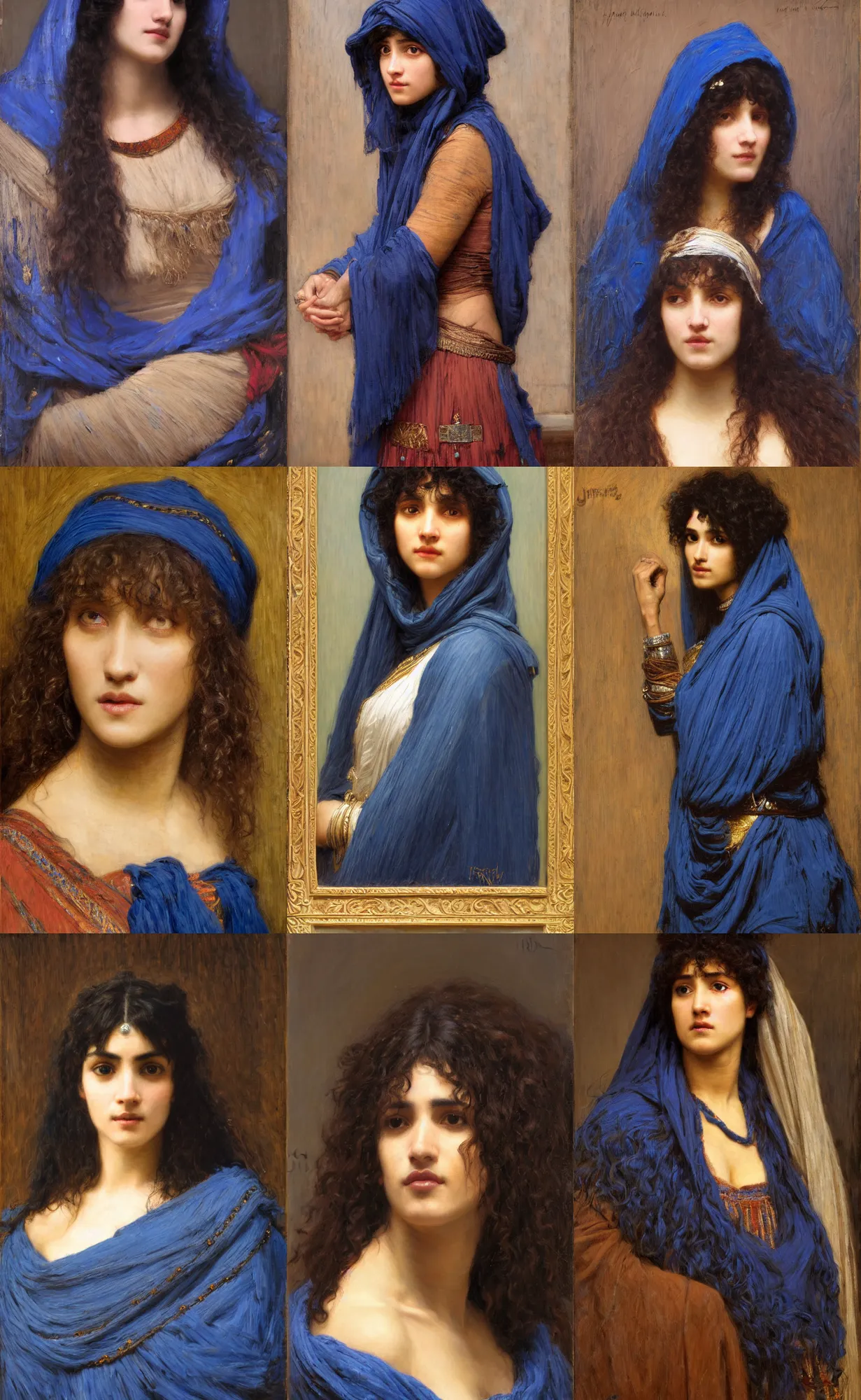 Prompt: portrait en buste bangs fringe curly hair dark-skinned woman wearing a blue hood orientalist portrait by john william waterhouse and Edwin Longsden Long and Theodore Ralli and Nasreddine Dinet, oil on canvas. Cinematic, hyper realism, dramatic lighting, high detail 8k