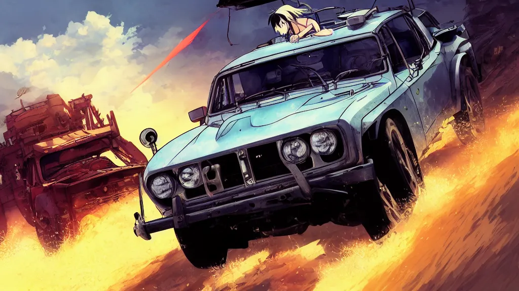 Image similar to anime illustration of mad max's fj 4 0 pursuit special, the last v 8 interceptor driving down to the gates of valhalla highway, riding fury road eternal shiny and chrome, world of fire and blood, by makoto shinkai, ilya kuvshinov, lois van baarle, rossdraws, basquiat, global illumination ray tracing hdr