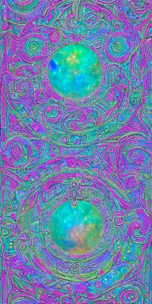 Image similar to intricate colourfully painted carved Soapstone relief paneling, iridescent, pearl and pale blue toned, celestial, cosmos, galaxies, planets, divinity, moon goddess, mother earth, Earth Goddess mythology, Gaia, angels, dream atmosphere, bright colors, vivid colors, Ghostly, crystaline celtic, insanly detailed , artstation, wallpaper, hyper realistic, realistic lighting