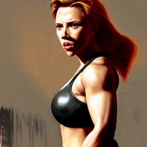 Image similar to greg manchess portrait of scarlett johansson as roided thick very muscular female bodybuilder lara croft, fantasy, medium shot, asymmetrical, profile picture, organic painting, sunny day, matte painting, bold shapes, hard edges, street art, trending on artstation, by huang guangjian and gil elvgren and sachin teng