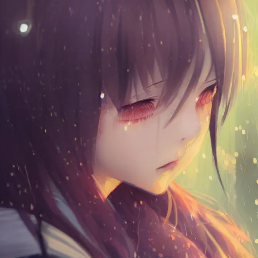 Image similar to anime girl crying with tears on all of her face, rainy day, urban setting at night, highly detailed, trending on Artstation, Unreal Engine 4k, cinematic wallpaper by Stanley Artgerm Lau, WLOP, Rossdraws, James Jean, Andrei Riabovitchev, Marc Simonetti, and Sakimichan