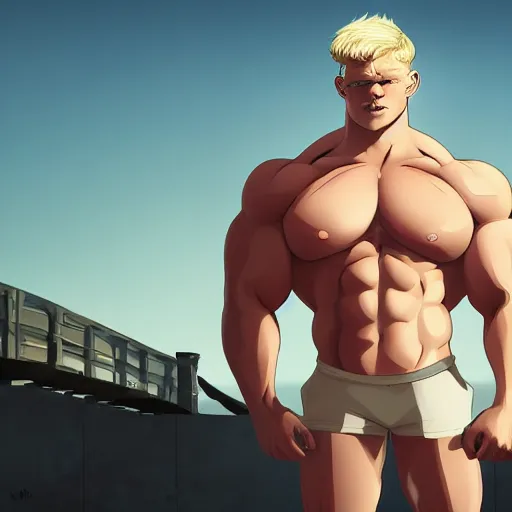 Prompt: portrait of the immensely towering bodybuilder Lucius Bjornsson with beautiful long pale blond hair, albino white pale skin, posing for a photoshoot in the golden hour, black tank top, broad shoulders and huge thick arms, ambient lighting, 4k, anime key visual, lois van baarle, ilya kuvshinov, rossdraws, artstation