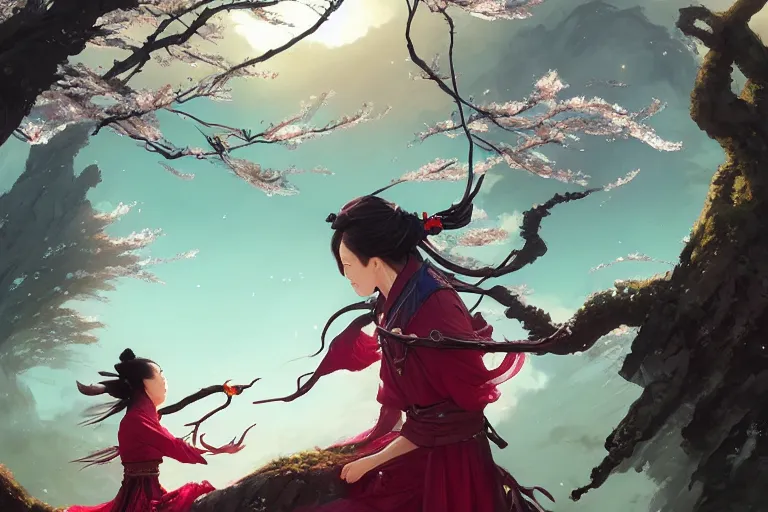 Image similar to wuxia, dragon, cherry blossoms, unreal engine, fantasy art by greg rutkowski, loish, rhads, ferdinand knab, makoto shinkai and lois van baarle, ilya kuvshinov, rossdraws, tom bagshaw, global illumination, radiant light, detailed and intricate environment