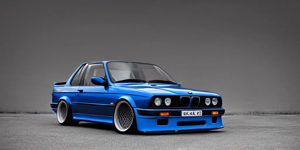 Image similar to bright dark blue BMW e30 drifting, hyper realism, depth of view 8k.