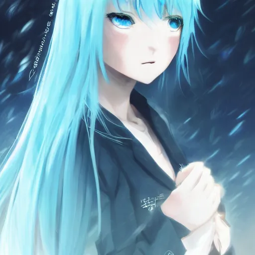 Image similar to full shot of rimuru tempest, sky blue straight hair, long bangs, with amber eyes, wearing a fancy black jacket, high collar, ultra detailed, brush strokes, digital painting, cinematic, wlop artstation, closeup, pixiv, intense, intimidating glare, photorealistic, overpowering, makoto shinkai, rossdraws, andy warhol,