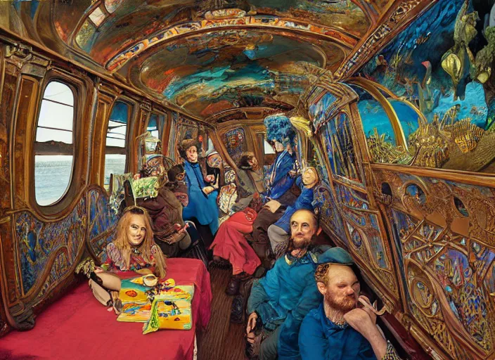 Prompt: incredibly beautiful breaktakingly detailed colour photograph of the inside of the beautifully decorated underwater train to atlantis, portrait of an amazingly weird cool characterful couple sat down extreme closeup, crowds of people sat down, by ford maddox brown and kilian eng and moebius and william powell frith and frederic leighton and john william waterhouse and greg hildebrandt, ultra wide angle, 4 k
