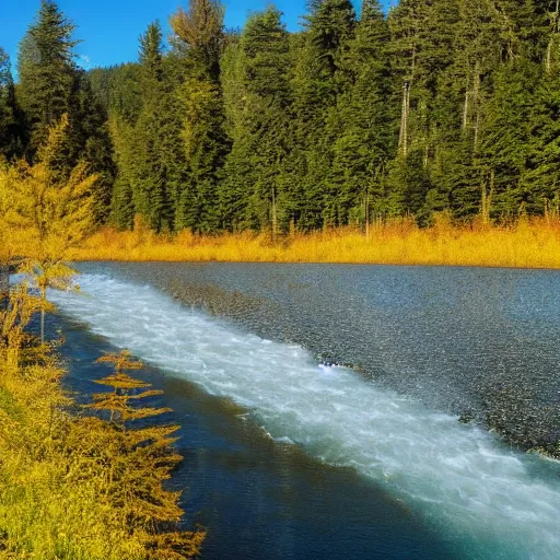 Prompt: A very long river flowing into a lake of pure gold, hidden in the middle of a dense forest of tall trees, with lots of light clouds in the bright blue sky, in the late afternoon.