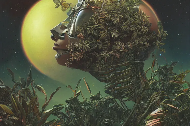 Prompt: gigantic robot - girl head floating in the space, a lot of exotic plants, trees, flowers, oldschool vintage sci - fi flat surreal grainy design, super - detailed, oil painting by moebius, hd, 4 k, high quality