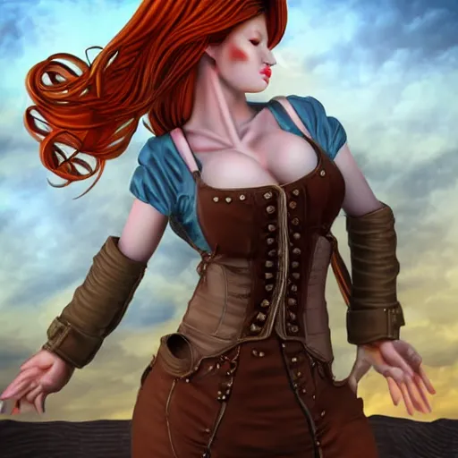 Prompt: redhead steampunk scientist's body is accidentally inflated to near bursting by experiment gone wrong. photorealistic full body image
