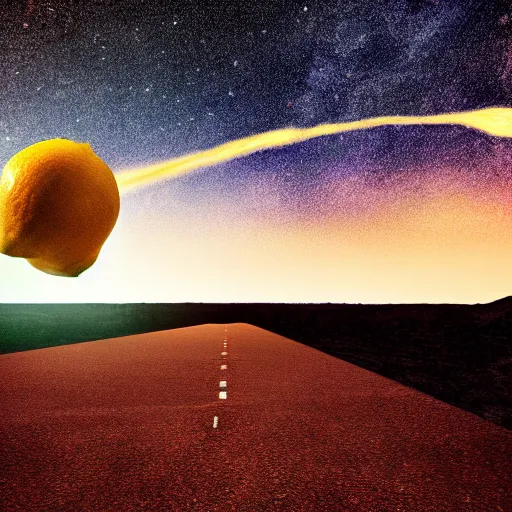 Image similar to lemon entering the earths atmosphere, fireball, milky way galaxy in the background, comet trail, digital art, highly detailed, cinematic, dramatic lighting